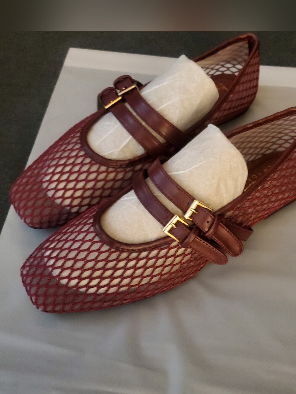 Nicole Miller Burgundy Mesh Mary Jane Flats with Double Buckle